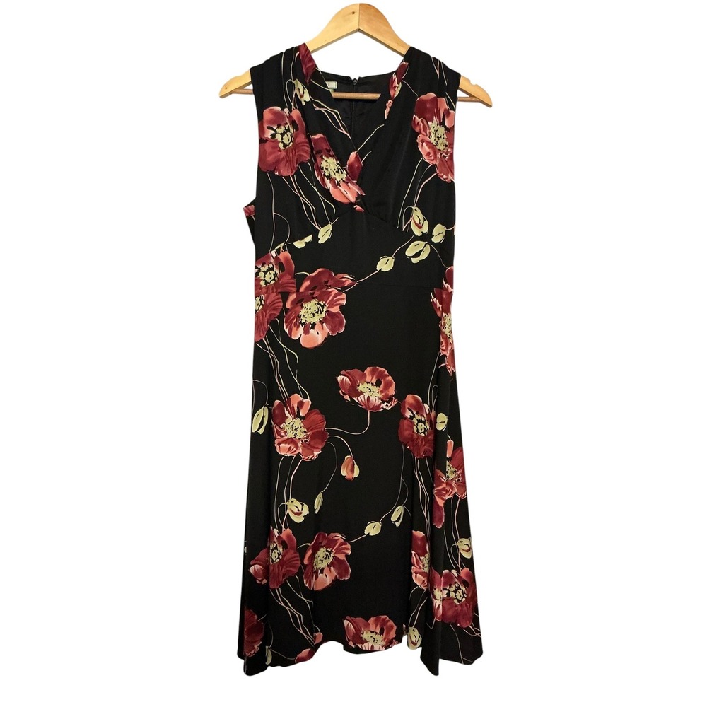 Tommy Bahama Silk Blend Floral Poppy V-Neck Sleeveless Midi Dress Black 6 - Picture 2 of 8